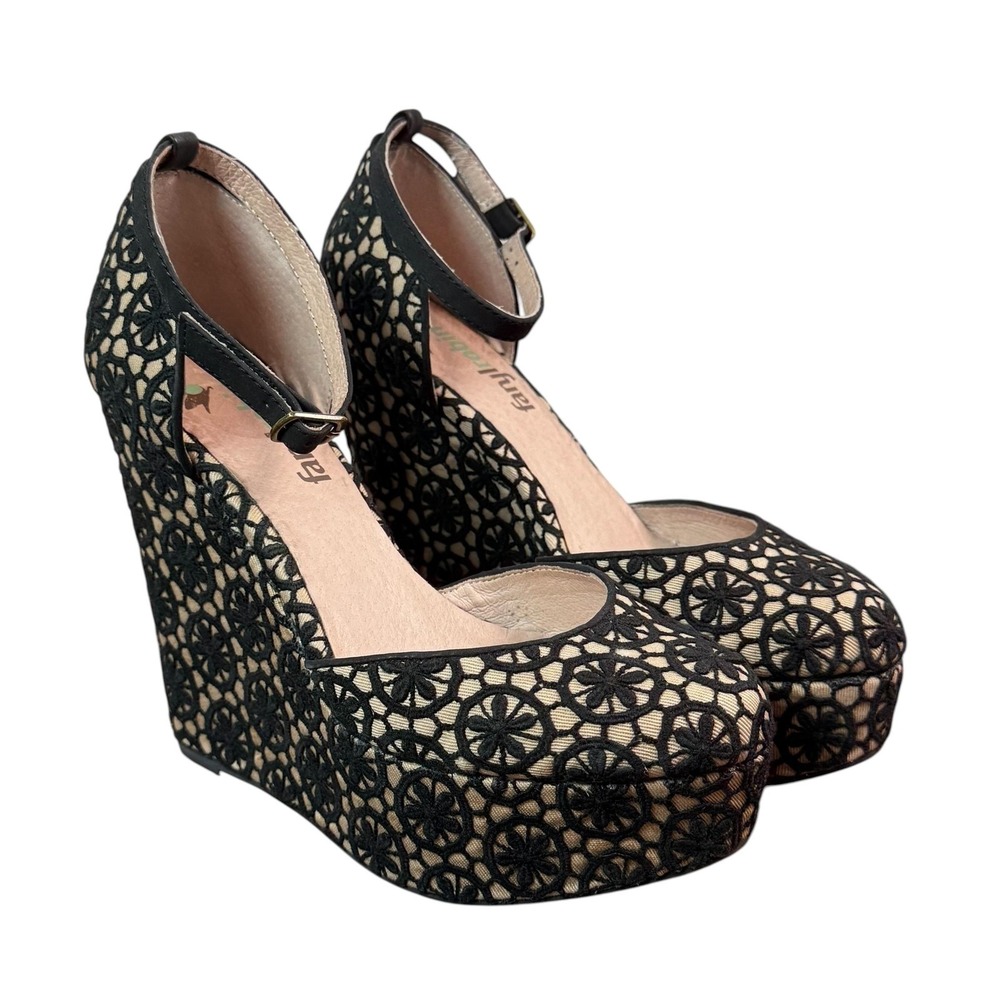 Farylrobin Cassie Shoes‎ Womens Size 6 Black Floral Lace Platform Wedge Heels